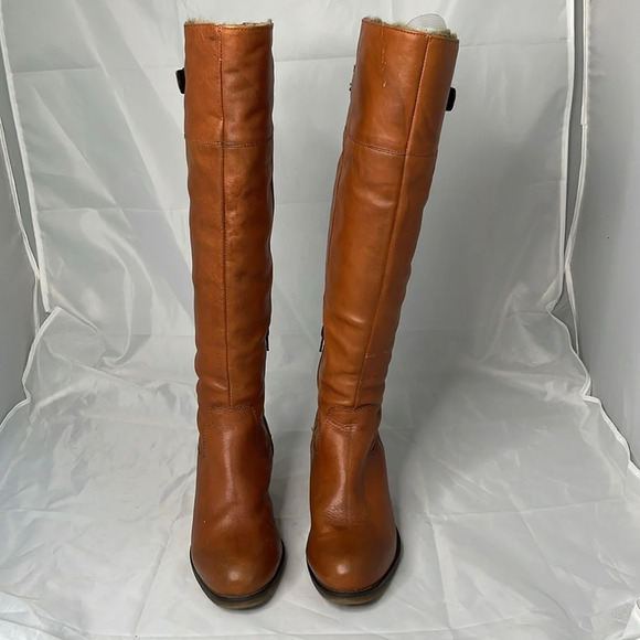 Aback A&B Cognac Leather Knee High Boots Buckle  Heels Faux Fur Inner Band 38 EU - Picture 5 of 16